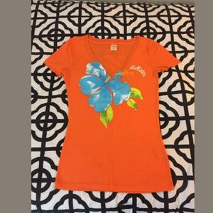 HOLLISTER CO. V-Neck Floral Orange Tee Size Medium